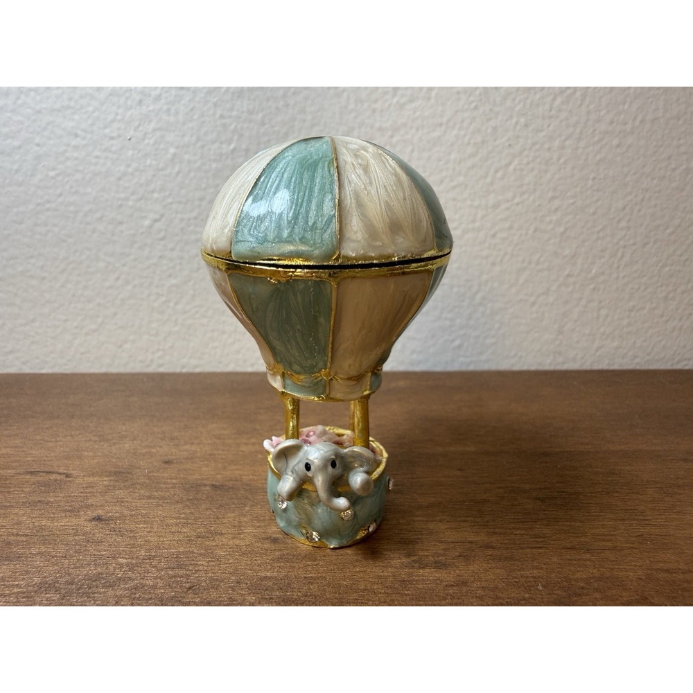 Hot Air Balloon Elephant Flowers Enamel Trinket Box with Rhinestones for Jewelry